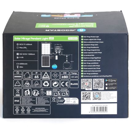Balenie solárneho závesného svetla Solar Mirage. Obsahuje technické údaje: DC3,7V 650mA, max. 24h, 5W DC5V 1000mA, 4-6h, 4000mAh, 20m, 30000h, IP65, CRI ≥80, teplota -10°C-50°C. QR kódy pre aplikácie Google Play a App Store.