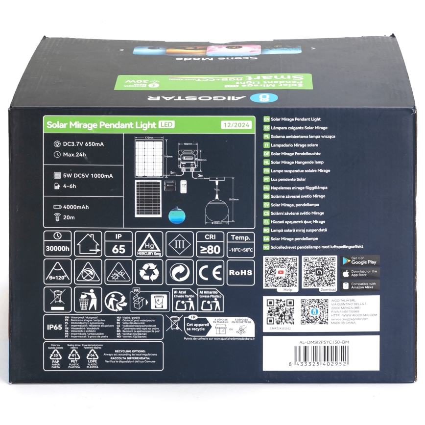 Balenie solárneho závesného svetla Solar Mirage. Obsahuje technické údaje: DC3,7V 650mA, max. 24h, 5W DC5V 1000mA, 4-6h, 4000mAh, 20m, 30000h, IP65, CRI ≥80, teplota -10°C-50°C. QR kódy pre aplikácie Google Play a App Store.