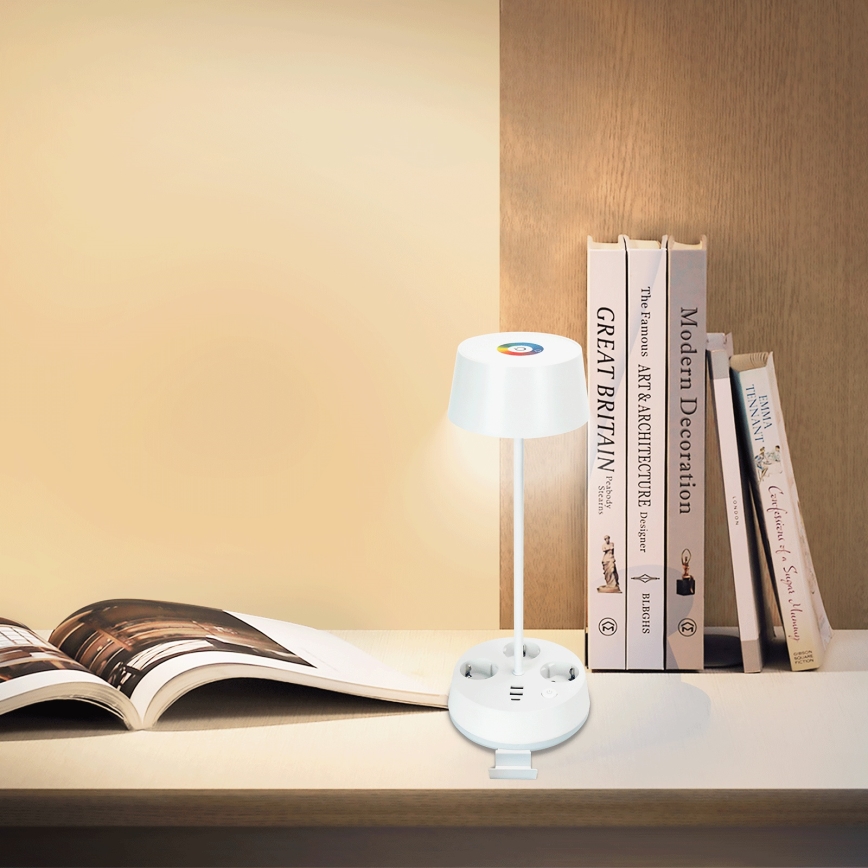 Aigostar - LED RGBW Stmievateľná stolná lampa so zásuvkami a USB LED/4,6W/230V 3000/4000/6500K biela
