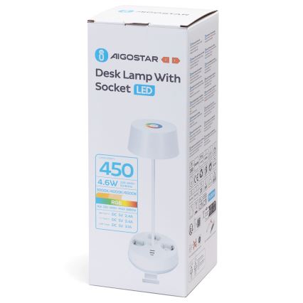 Aigostar - LED RGBW Stmievateľná stolná lampa so zásuvkami a USB LED/4,6W/230V 3000/4000/6500K biela