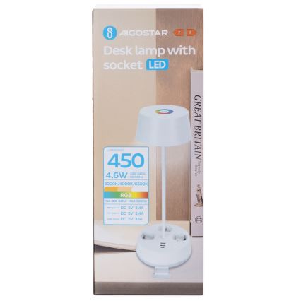 Aigostar - LED RGBW stmievateľná stolná lampa so zásuvkami a USB LED/4,6W/230V 3000/4000/6500K biela