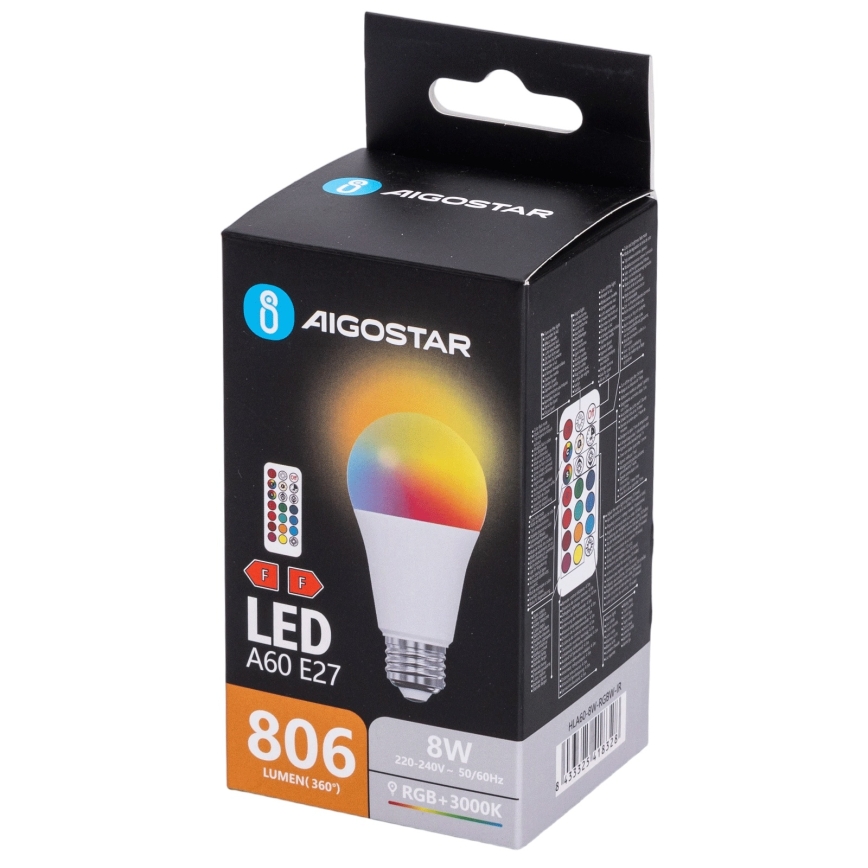 Aigostar - LED RGBW Stmievateľná žiarovka A60 E27/8W/230V 3000K + diaľkové ovládanie