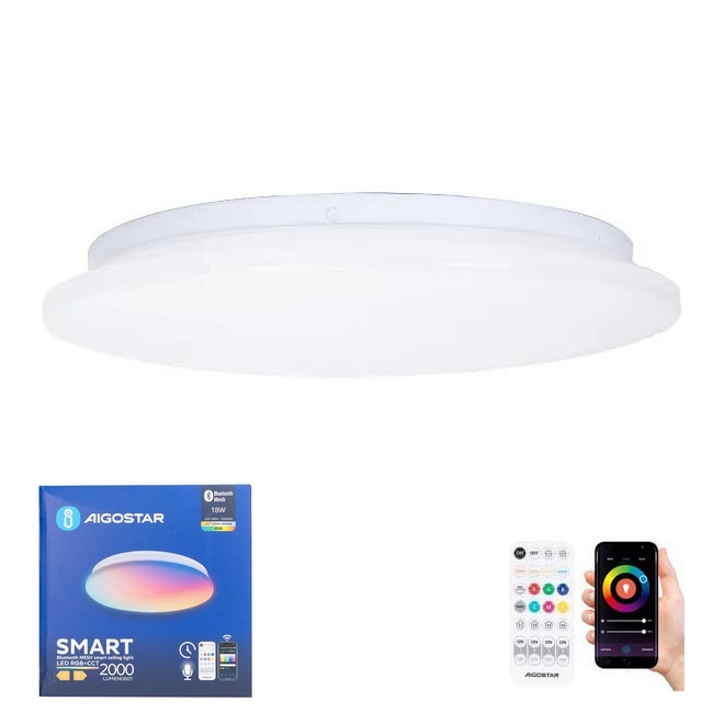 Ploché stropné LED svetlo svieti. Súčasťou je diaľkový ovládač a ovládanie cez mobilnú aplikáciu. Balenie označuje značku AIGOSTAR a údaje SMART LED stropné svetlo 2000 lumenov, 18W.
