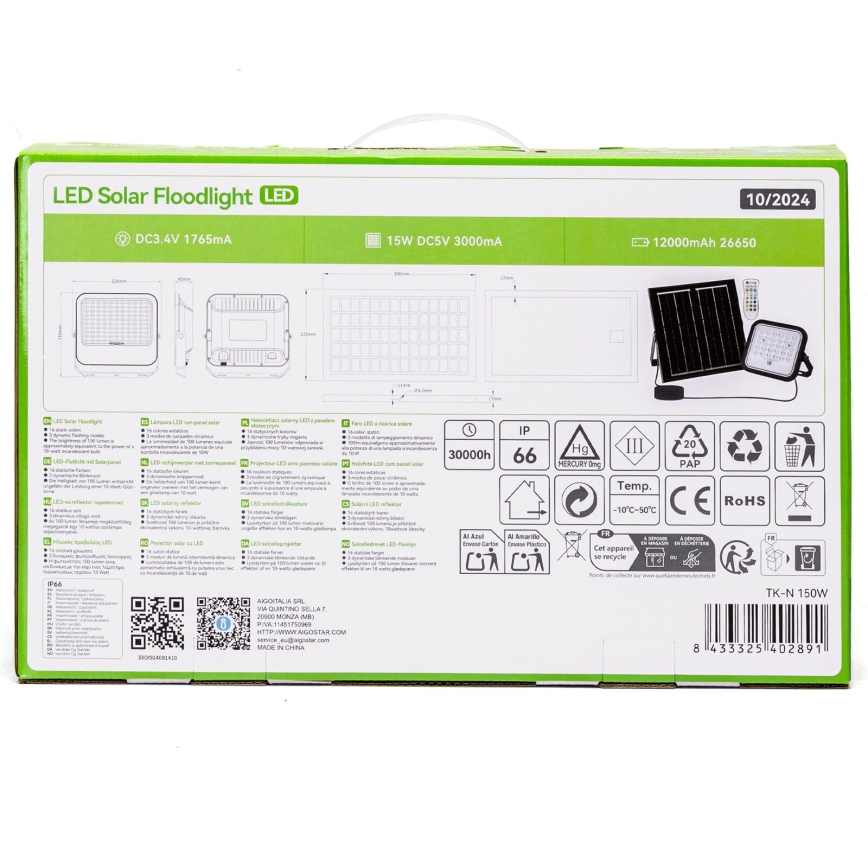 Aigostar - LED RGBW Stmievateľný solárny reflektor LED/150W/3,4V IP66 + diaľkové ovládanie