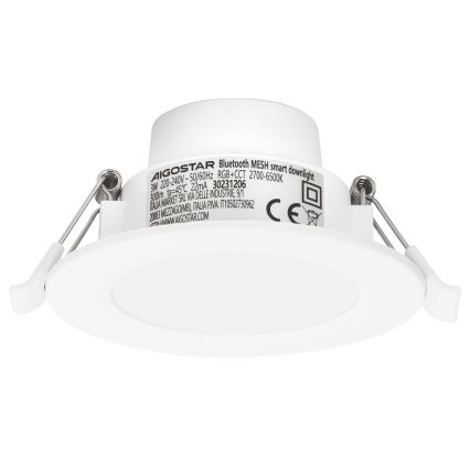 Inteligentné svietidlo AIGOSTAR je zobrazené z boku. Svietidlo je biele, zapustené, s označením Bluetooth MESH smart downlight a ďalšími technickými údajmi. Súčasťou je aj upevňovací mechanizmus.