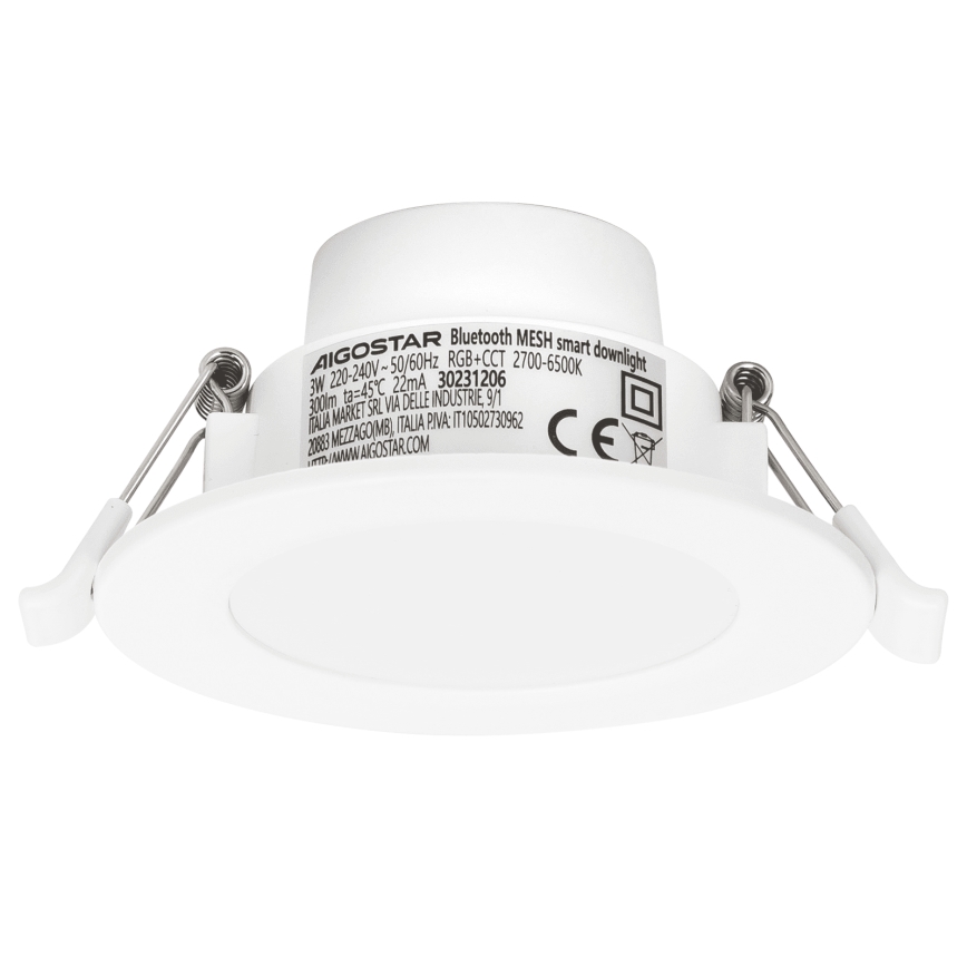 Inteligentné svietidlo AIGOSTAR je zobrazené z boku. Svietidlo je biele, zapustené, s označením Bluetooth MESH smart downlight a ďalšími technickými údajmi. Súčasťou je aj upevňovací mechanizmus.