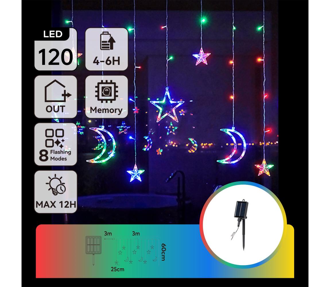 B.V. - LED RGBY solárny svetelný reťazec 120×LED / 8 funkcií, 3×0,6 m, 500 mAh, IP65 B10201S6T