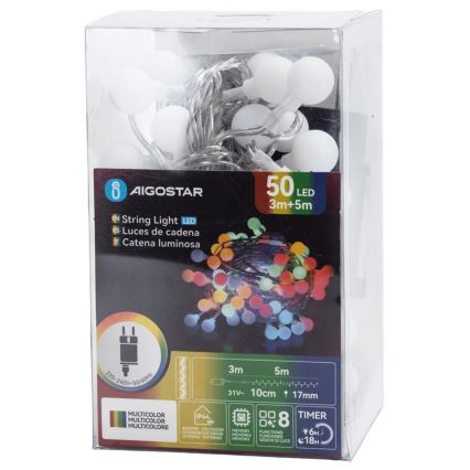Aigostar - LED vonkajší dekoratívny svetelný reťazec 50xLED/8 funkcií 5 m IP44 viacfarebný