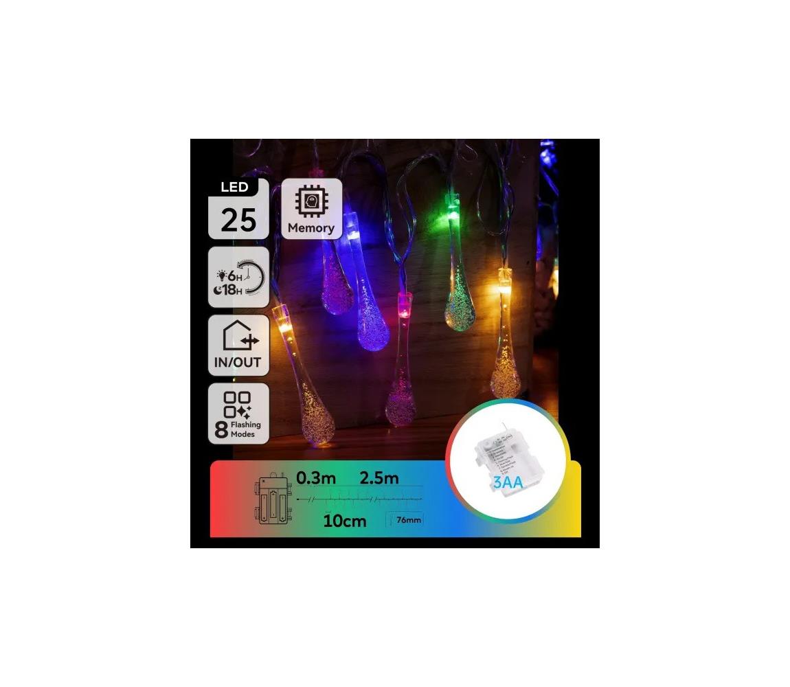 B.V. - LED RGBY Vonkajší reťaz 25xLED/8 funkcií 3xAA 2,5m IP44 kvapky B10303K5D