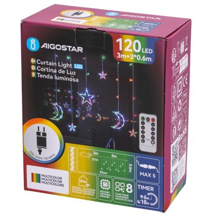 Aigostar - LED RGBY vonkajší svetelný reťaz 120xLED/8 funkcií 3x0,6 m IP44 viacfarebný + diaľkové ovládanie