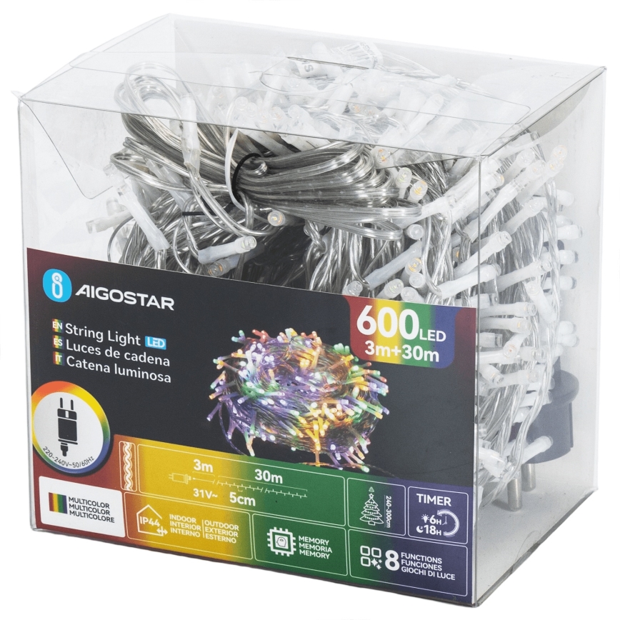 Aigostar - LED vonkajší svetelný reťazec 600×LED/8 funkcií 30 m IP44 viacfarebný