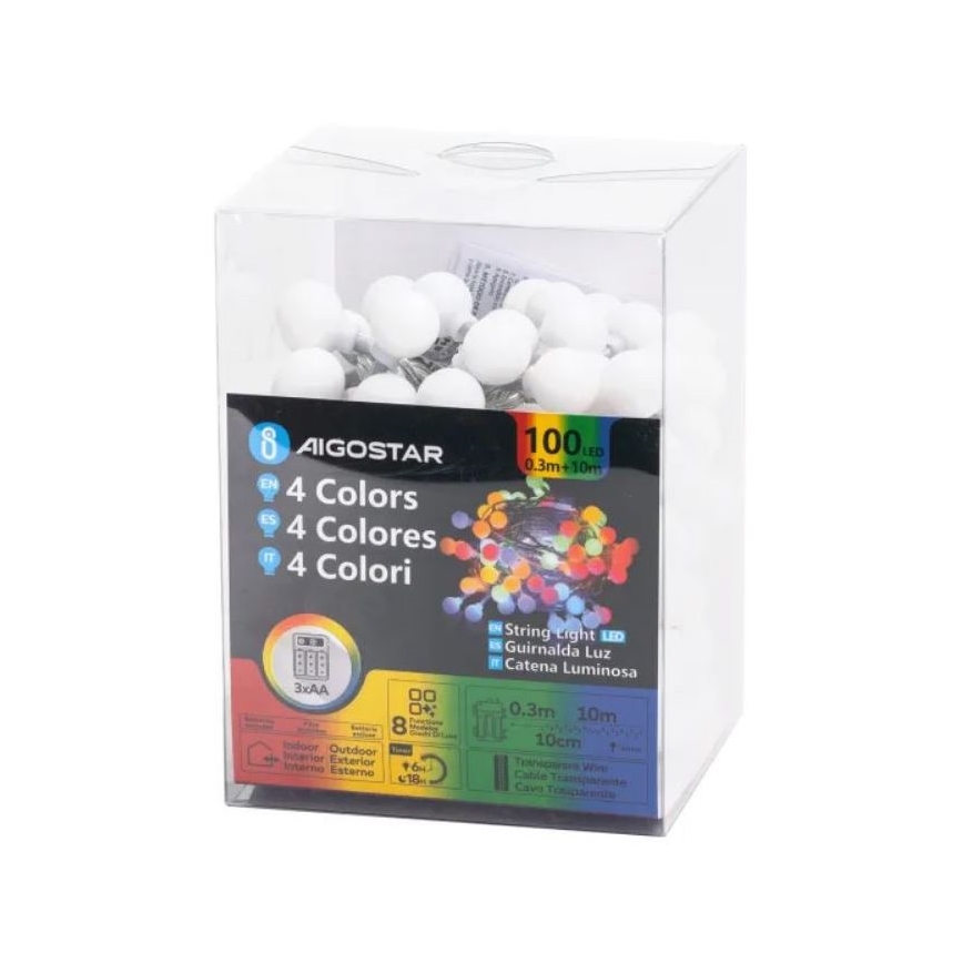 Aigostar - LED RGBY Vonkajšia vianočná reťaz 100xLED/3xAA/8 funkcií 10,3 m IP44