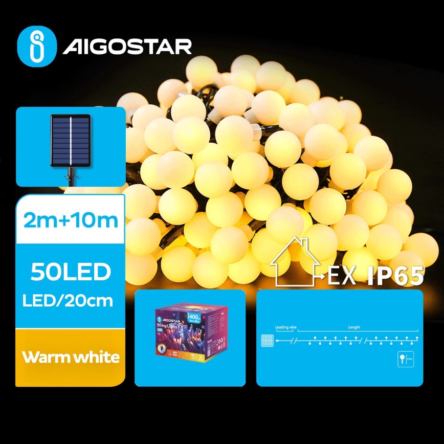 Aigostar - LED Solárna dekoračná reťaz 50xLED/8 funkcií 12m 800 mAh IP65 teplá biela