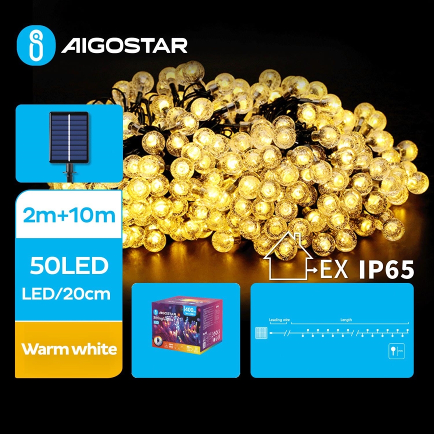 Aigostar - LED Solárna dekoračná reťaz 50xLED/8 funkcií 12m 800 mAh IP65 teplá biela