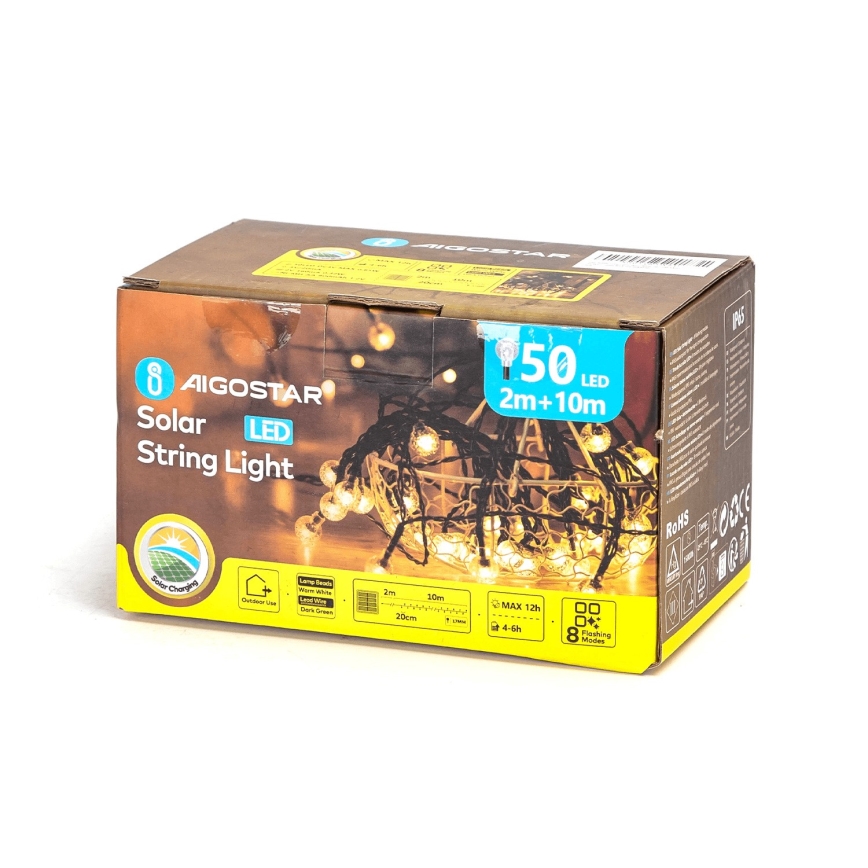 Aigostar - LED Solárna dekoračná reťaz 50xLED/8 funkcií 12m 800 mAh IP65 teplá biela
