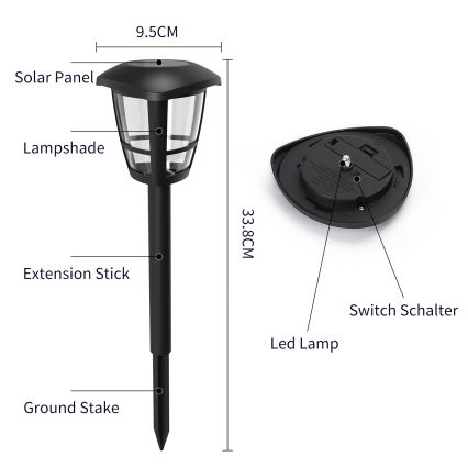 Aigostar - LED Solárna lampa LED/0,06W/2V 33,8 cm 6500K IP44 čierna