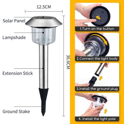 Aigostar - LED Solárna lampa LED/0,08W/2V 36,6 cm 3000K IP44 matný chróm