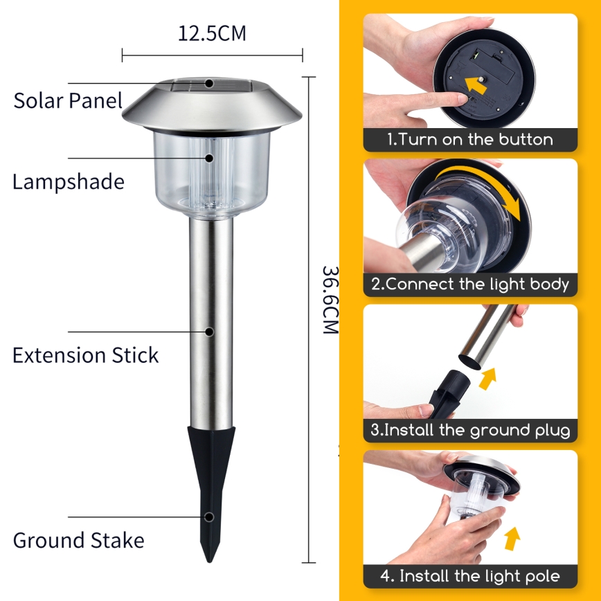Aigostar - LED Solárna lampa LED/0,08W/2V 36,6 cm 3000K IP44 matný chróm