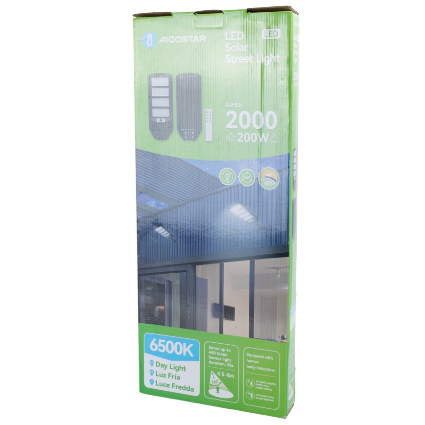 Aigostar - LED Solárna pouličná lampa so senzorom LED/200W/3,2V 12000mAh IP65 6500K + diaľkové ovládanie