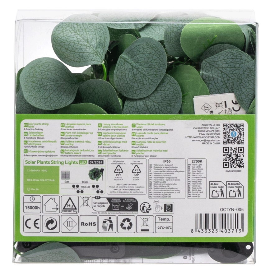 Aigostar - LED Solárna reťaz 100xLED/12m IP65 300 mAh teplá biela eukalyptus