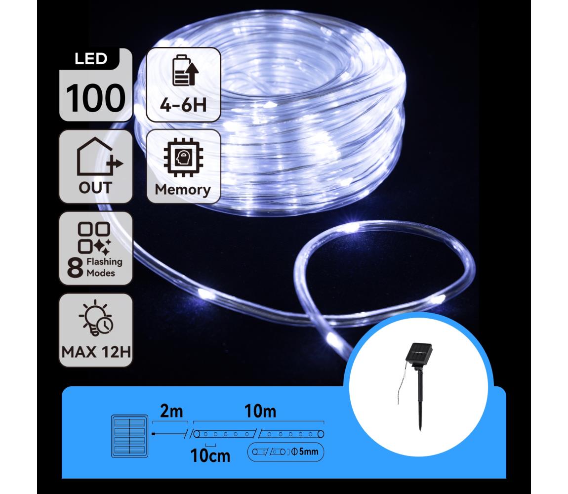 B.V.  - LED solárna svetelná reťaz, 100 LED, 8 režimov, 12 m, IP65, studená biela B10303K9E