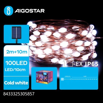Svietiace LED reťaz s 100 LED diódami, s dĺžkou 12 metrov (2m+10m) a medzerou 10cm medzi diódami, vyžarujúce studené biele svetlo; solárny panel na napájanie. Trieda krytia IP65.
