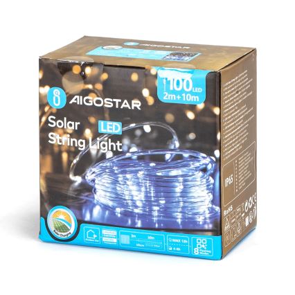 LED svetelný veniec s 100 LED diódami je zrolovaný v krabici. Krabica uvádza, že veniec je solárny, má dĺžku 12 metrov a 8 svetelných režimov.