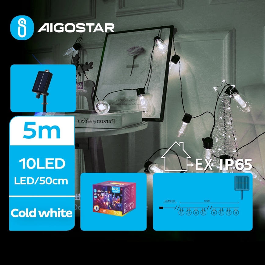Aigostar - LED Solárna vianočná reťaz 10xLED/8 funkcií 6,5m 500 mAh IP65 studená biela