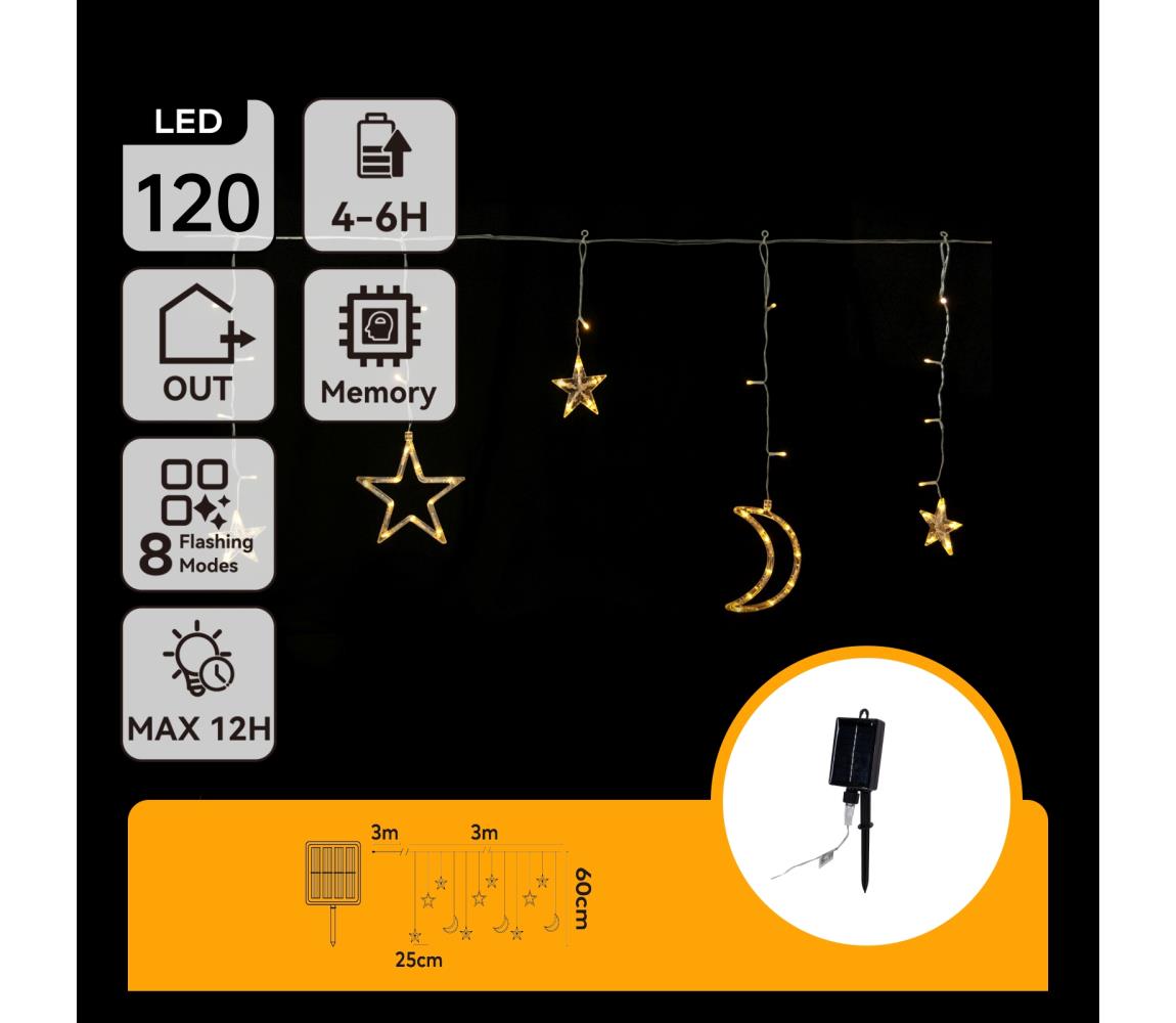B.V. - LED solárna vianočná reťaz 120xLED/8 funkcií 3x0,6m 500 mAh IP65 teplá biela B10201S6R