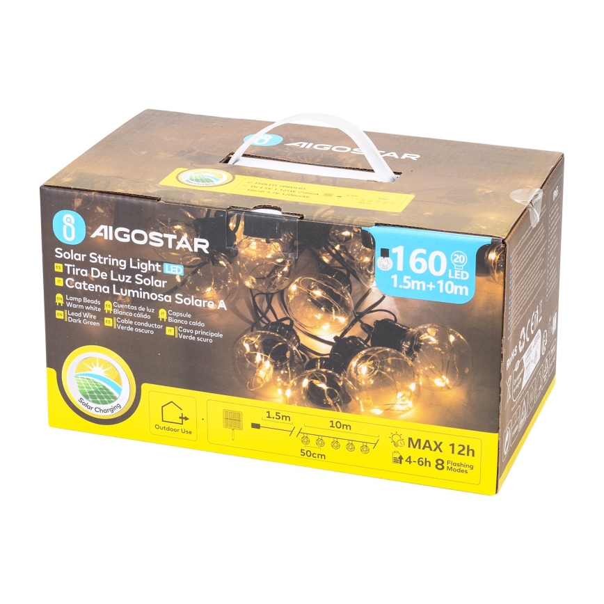 Aigostar - LED Solárna vianočná reťaz 20xLED/8 funkcií 11,5m IP65 teplá biela