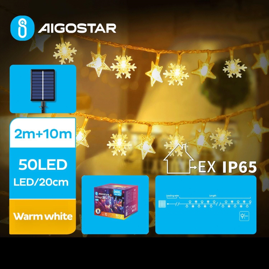 Aigostar - LED Solárna vianočná reťaz 50xLED/8 funkcií 12m 800mAh IP65 teplá biela