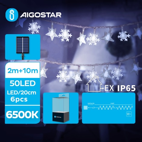 Aigostar - LED Solárna vianočná reťaz 50xLED/8 funkcií 12m IP65 studená biela