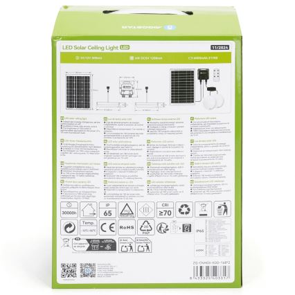Balenie LED solárneho stropného svetla obsahuje solárny panel, batériu, svetlo a návod. Svetlo sa nabíja solárnym panelom a je určené na vnútorné použitie. Na balení je uvedené číslo 11/2024.