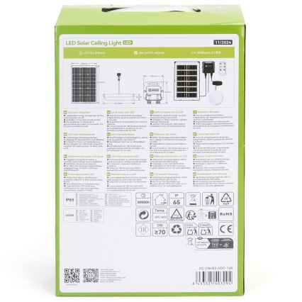 Krabica zobrazuje LED solárny stropný svietiaci systém. Systém obsahuje solárny panel, nabíjací modul a LED svietidlo. Na krabici sú uvedené technické parametre, vrátane IP65, 6500K, 30000h, CRI ≥70 a ďalšie.