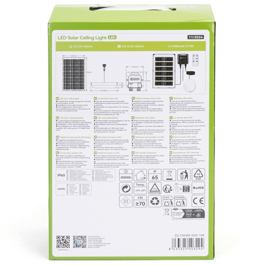 Krabica zobrazuje LED solárny stropný svietiaci systém. Systém obsahuje solárny panel, nabíjací modul a LED svietidlo. Na krabici sú uvedené technické parametre, vrátane IP65, 6500K, 30000h, CRI ≥70 a ďalšie.