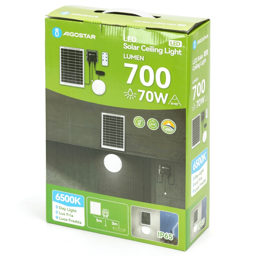 Balenie solárneho LED stropného svetla s výkonom 70W a 700 lumenov. Sada obsahuje solárny panel, svetlo a ovládač. Balenie zobrazuje inštaláciu na stene.