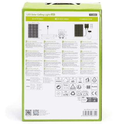 Balenie LED solárneho stropného svetla zobrazuje jeho súčasti: solárny panel, batériu, svetlo a diaľkové ovládanie. Obsahuje technické parametre a symboly pre recykláciu. Kód produktu je ZQ-CNHC3-XDD-205.