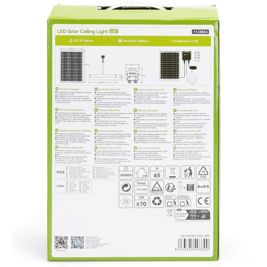 Balenie LED solárneho stropného svetla zobrazuje jeho súčasti: solárny panel, batériu, svetlo a diaľkové ovládanie. Obsahuje technické parametre a symboly pre recykláciu. Kód produktu je ZQ-CNHC3-XDD-205.