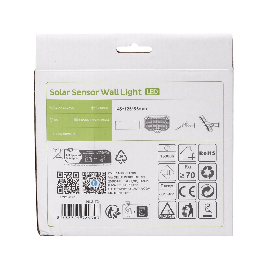 Aigostar - LED Solárne svietidlo so senzorom pohybu LED/2,4W/3,7V IP65