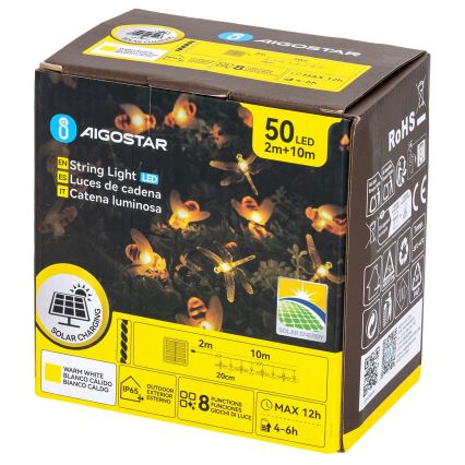 Aigostar - Solárna dekoratívna LED reťaz 50×LED/8 režimov 10 m 800 mAh IP65 teplá biela