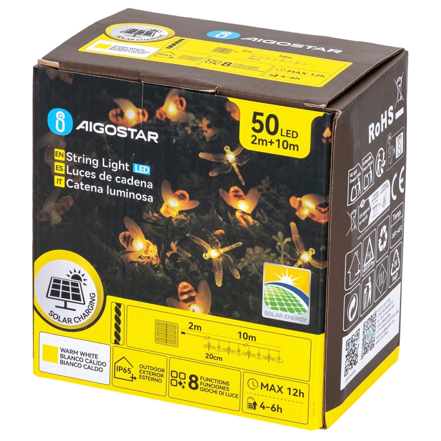 Aigostar - Solárna dekoratívna LED reťaz 50×LED/8 režimov 10 m 800 mAh IP65 teplá biela