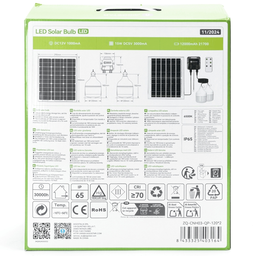 Aigostar - LED Solárny luster 2xLED/70W/12V 12000 mAh 6500K pr. 12 cm + diaľkové ovládanie