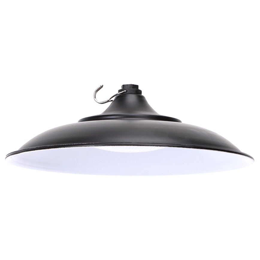 Čierna kovová lampa s bielym vnútorným difúzorom visí. Je vybavená háčikom na zavesenie. Lampa je prezentovaná na bielom pozadí.