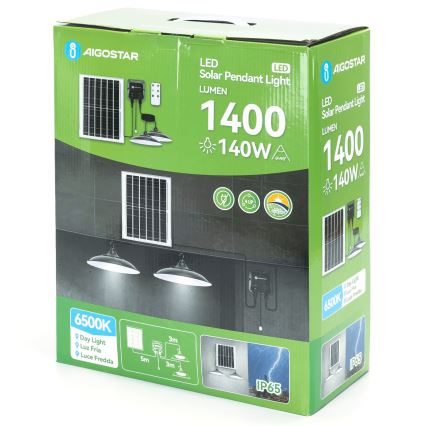 Balenie solárneho závesného LED svietidla s dvoma svietidlami. Obsahuje solárny panel, ovládanie a káble. Balenie ukazuje inštaláciu a technické parametre: 1400 lúmenov, 140W, 6500K (denné svetlo), IP65.