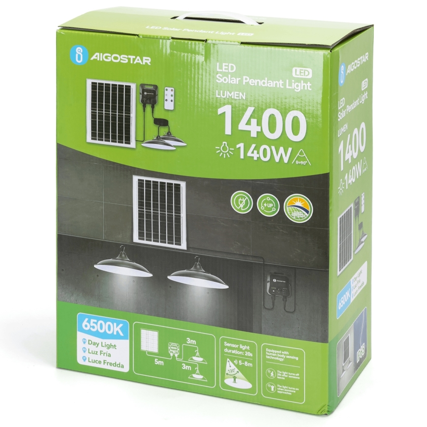 Aigostar - LED solárny luster so senzorom 2×LED/70W/12V 12000 mAh 6500K IP65 priemer 23,5 cm + diaľkové ovládanie
