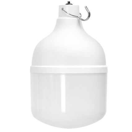 Biela LED lampa visí. Má zaoblený tvar s horným úzkym hrdlom a malým háčikom. Je izolovaná na bielom pozadí.