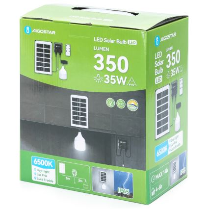 Balenie solárnej LED žiarovky s výkonom 35 W a svetelným výkonom 350 lúmenov. Súčasťou je solárny panel, žiarovka a ovládací panel. Balenie uvádza odolnosť IP65, doba svietenia 4-6 hodín a maximálna doba svietenia 14 hodín.