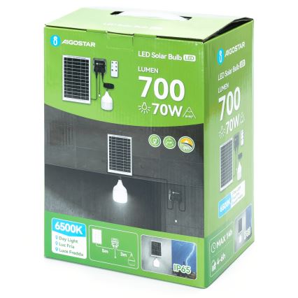 Solárna LED žiarovka – svieti, napájaná solárnym panelom; súčasťou balenia je ovládací panel a návod. Balenie uvádza: 700 lúmenov, 70W, 6500K, IP65, doba nabíjania 4-6 hodín, max. doba svietenia 14 hodín.