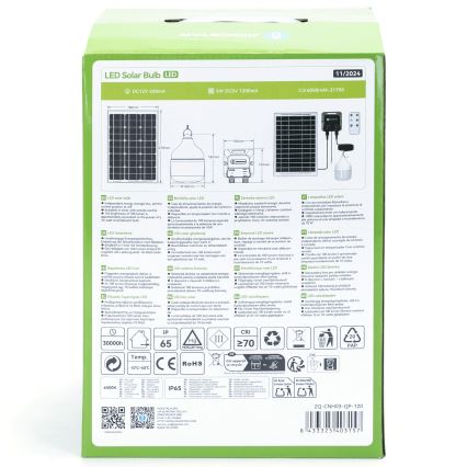 Balenie LED solárnej žiarovky zobrazuje jej súčasti: solárny panel, batériu, žiarovku a ovládač. Obsahuje technické údaje a symboly, vrátane: DC12V 500mA, 6W DC5V 1200mA, 6000mAh 21700, IP65, 30000h, ≥70 CRI, a kód produktu ZQ-CNH03-QP-120.