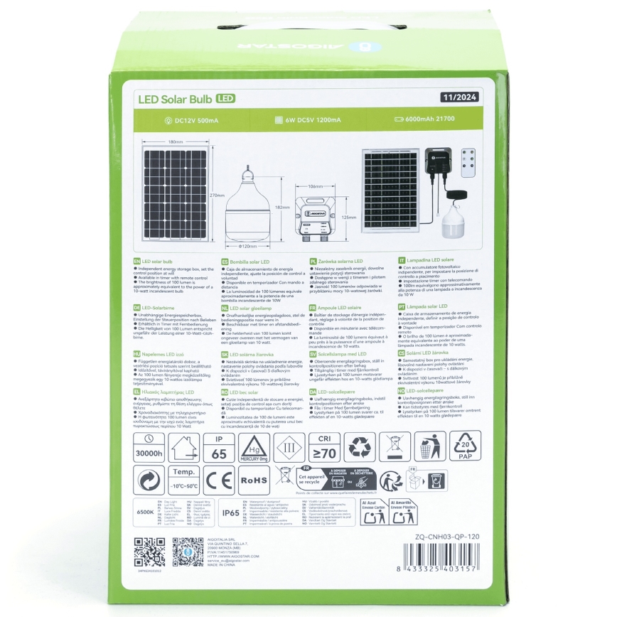 Balenie LED solárnej žiarovky zobrazuje jej súčasti: solárny panel, batériu, žiarovku a ovládač. Obsahuje technické údaje a symboly, vrátane: DC12V 500mA, 6W DC5V 1200mA, 6000mAh 21700, IP65, 30000h, ≥70 CRI, a kód produktu ZQ-CNH03-QP-120.